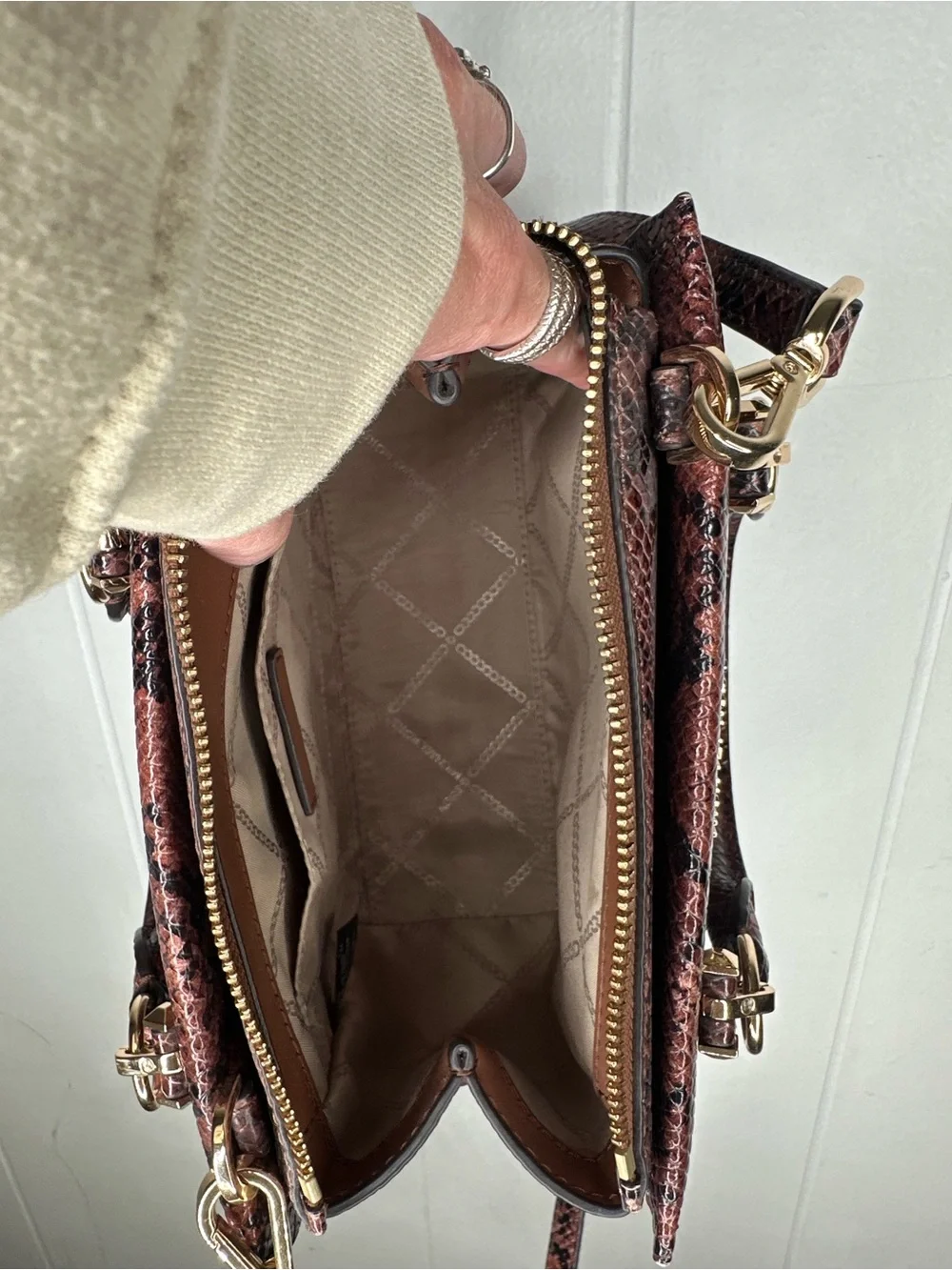 Michael Kors Burgundy Snake-Print Satchel with Gold Hardware